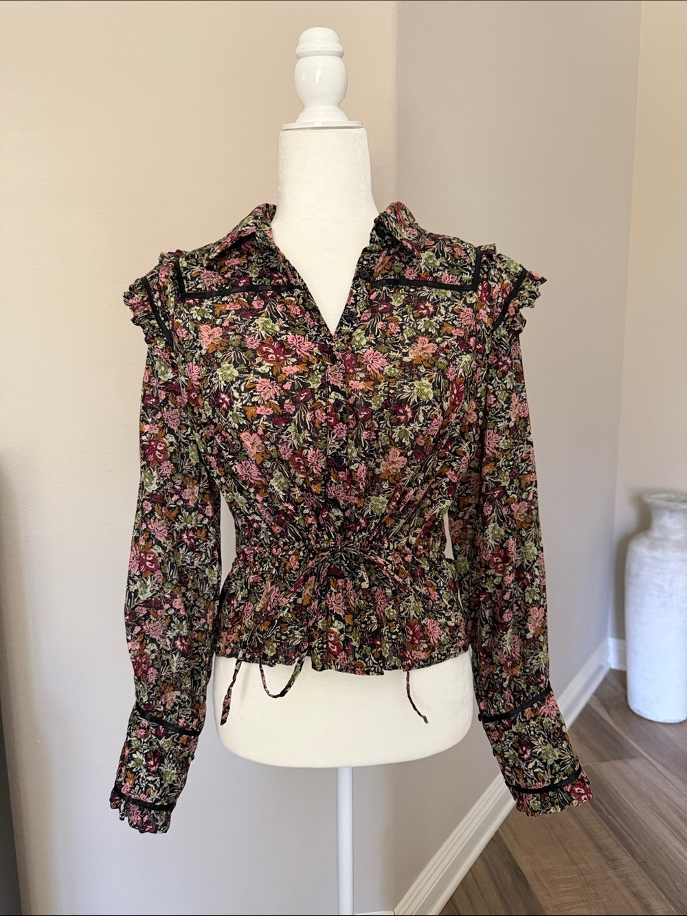 Free People Black Floral Ruffle Tie-Waist Blouse